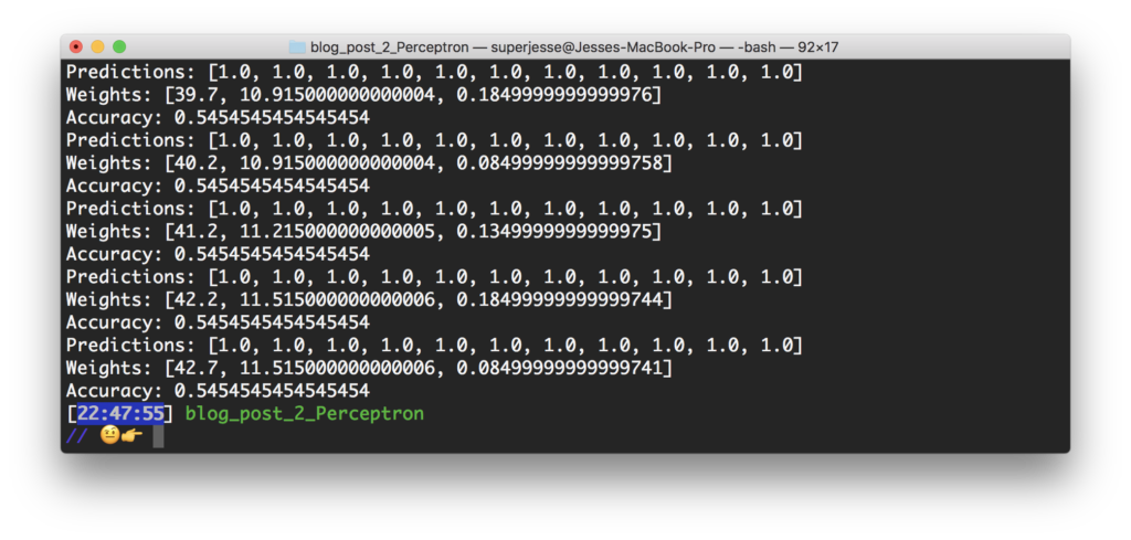 Terminal output from the ruby perceptron